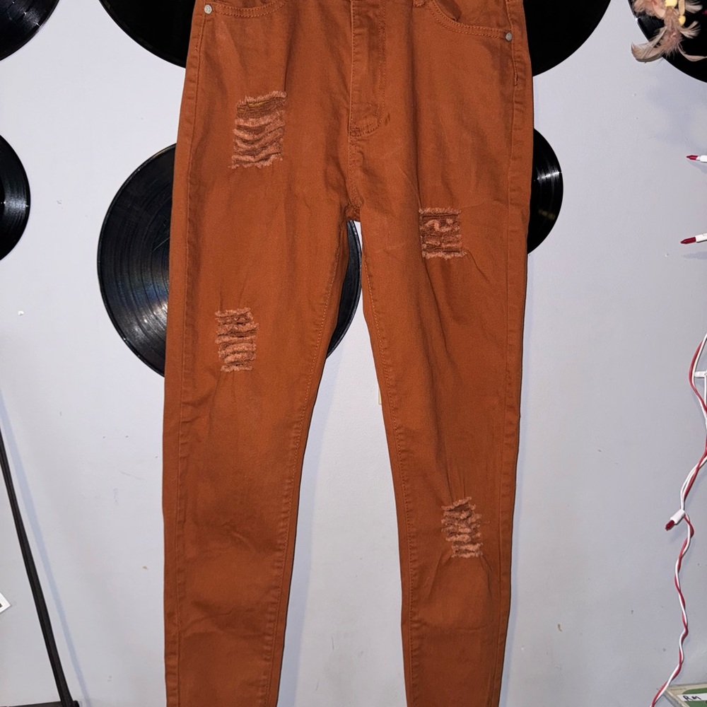 Distressed Rust Colored Bamboo Jeans (Size 11)